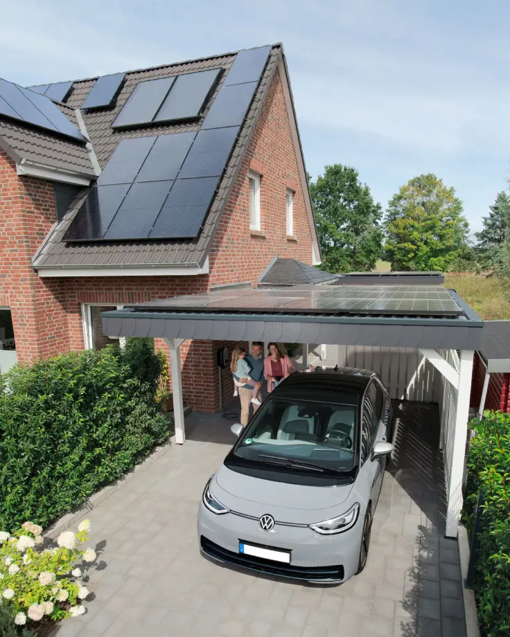 Modernes Wohnhaus mit Solarmodulen und Elektroauto