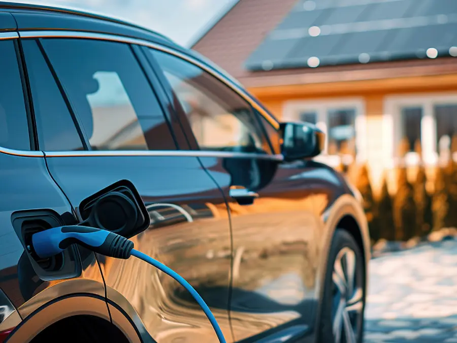 Elektroauto an einem Haus mit Solarmodulen