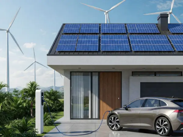 Haus mit Solaranlage, Batteriespeicher und Elektroauto
